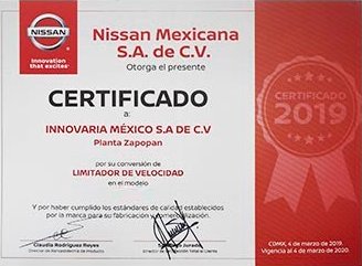 Certificado oficial Nissan Mexicana otorgado a Innovaria México por conversión de Limitador de Velocidad Save Fleet
